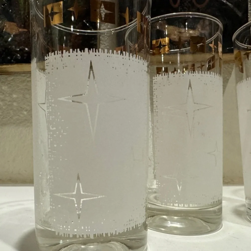 Mid‎ Century Modern White & Gold Atomic Cosmic Starburst Glass Drink Tumblers